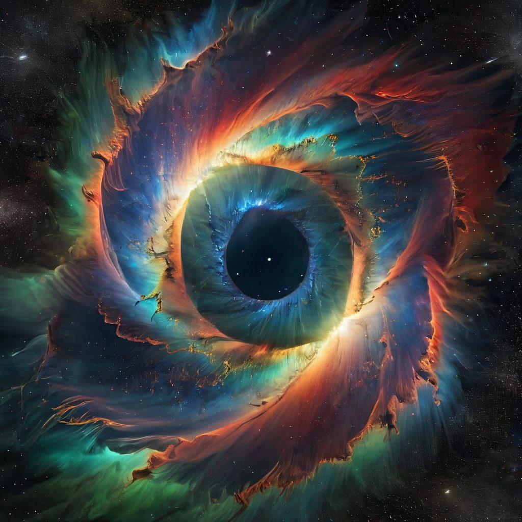 A breathtaking view of the Helix Nebula, showcasing its vibrant colors and intricate spiral patterns, with distant stars twinkling in the background. Include a cosmic landscape filled with swirling gas and dust clouds that resemble a cosmic canvas, inviting the viewer on a journey through space. Add a silhouette of a spaceship exploring this majestic scene. super-realistic. vibrant colors. cosmic themes.