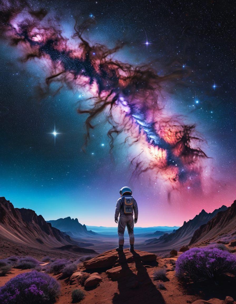 A breathtaking view of a vast cosmic landscape, featuring intricate constellations, vibrant galaxies, and a dramatic nebula. In the foreground, an astronomer gazes through a powerful telescope, surrounded by advanced observational equipment, as time-space ripples visually distort the starlit sky. Include glowing celestial bodies and a soft, ethereal light illuminating the scene. super-realistic. vibrant colors. dark background.